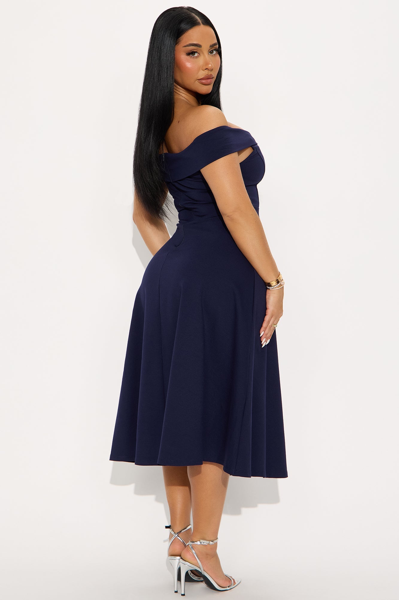 Poppy Body Sculpt Ponte Off Shoulder Midi Dress - Navy