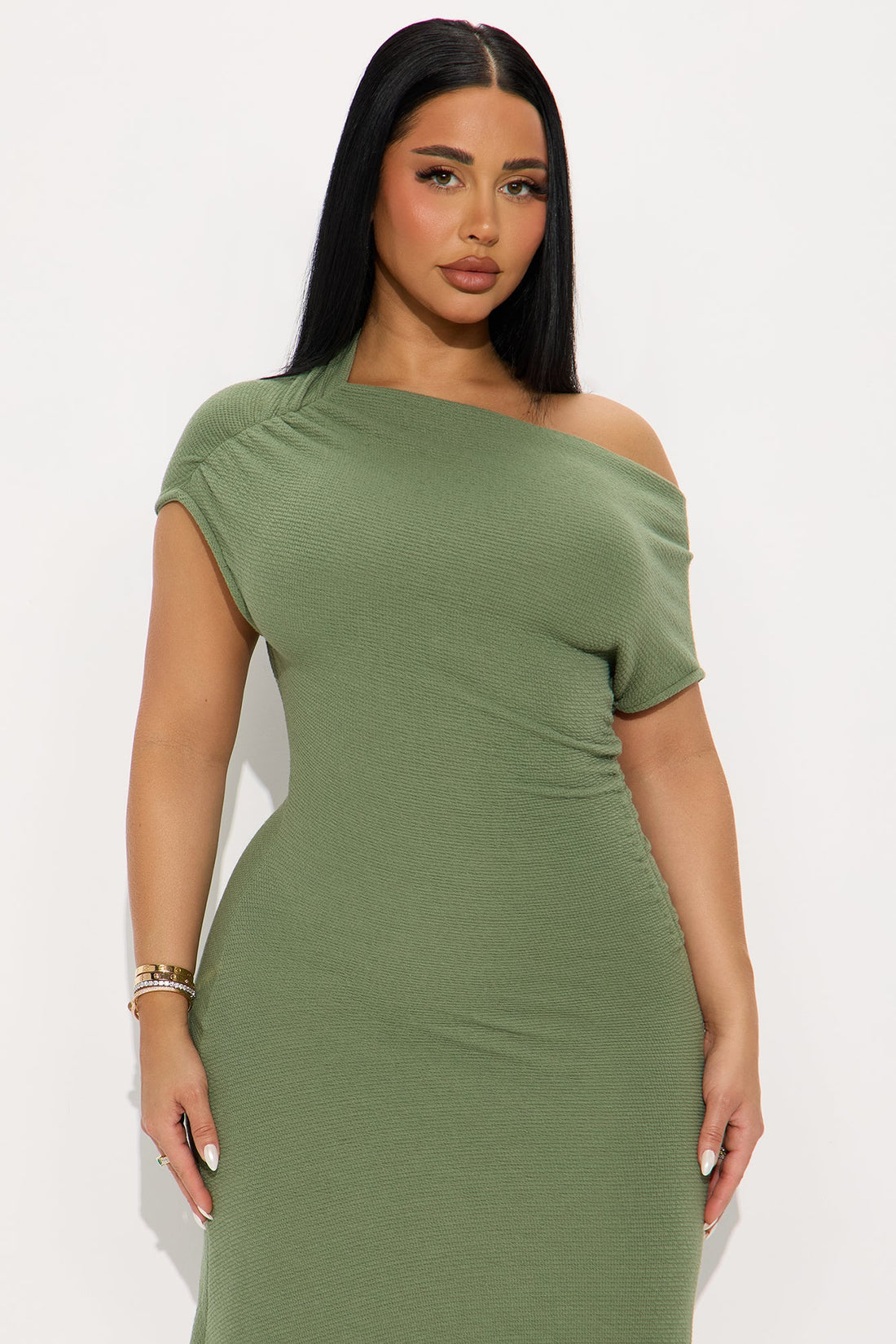Milena Asymmetrical Textured Midi Dress - Olive