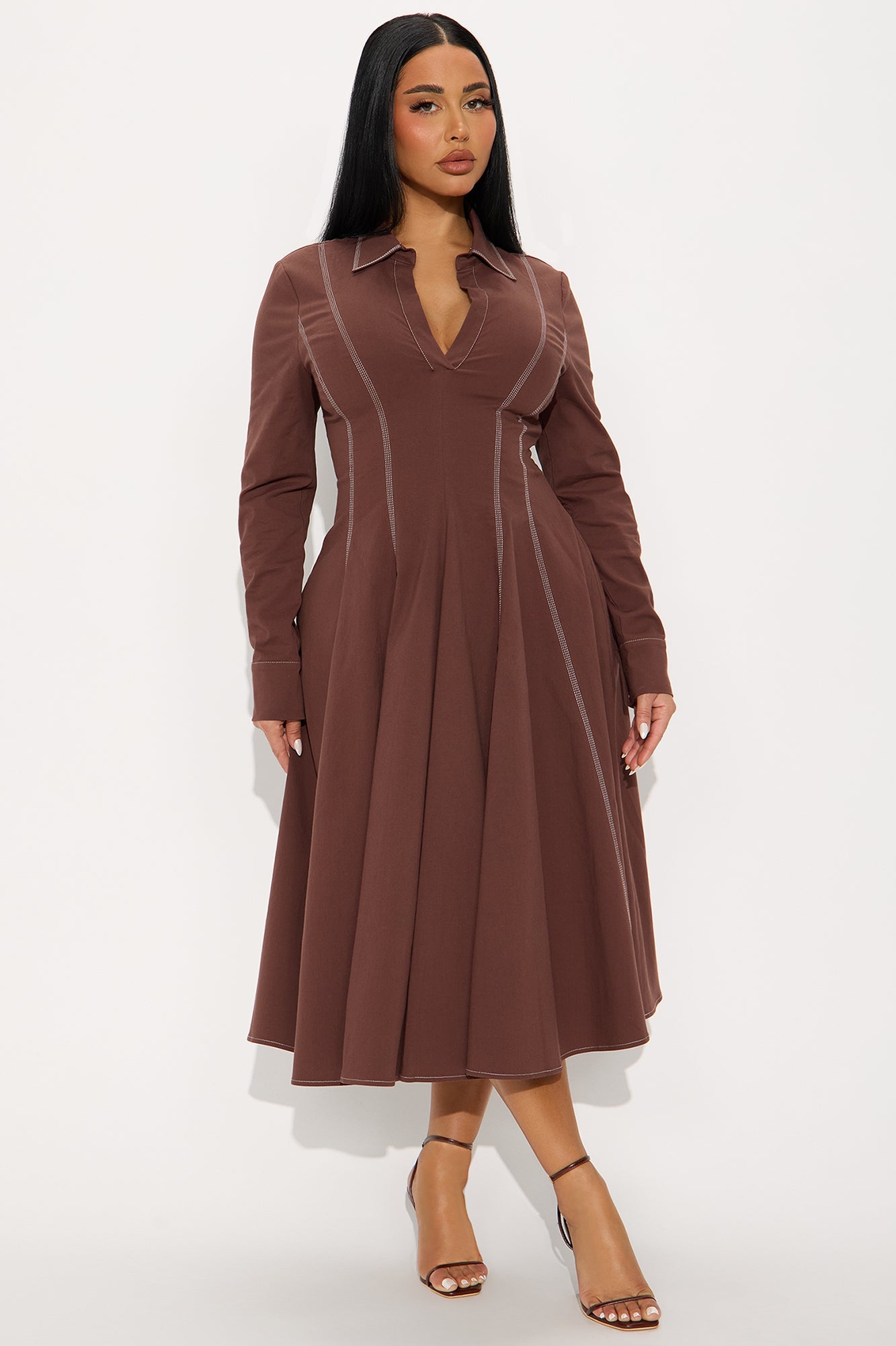Prim Collared Long Sleeve Midi Dress - Chocolate