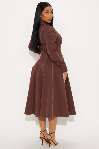 Prim Collared Long Sleeve Midi Dress - Chocolate