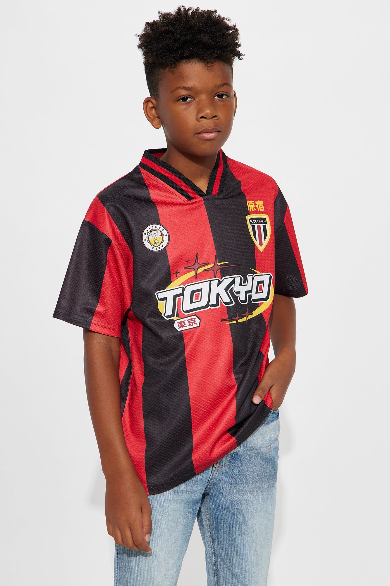 Mini Tokyo Striped Short Sleeve Soccer Jersey - Red/Black