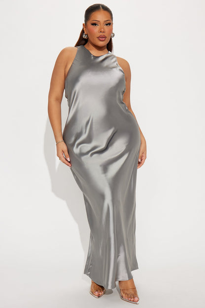 Always Near Satin Sweater Maxi Dress Set - Heather Grey