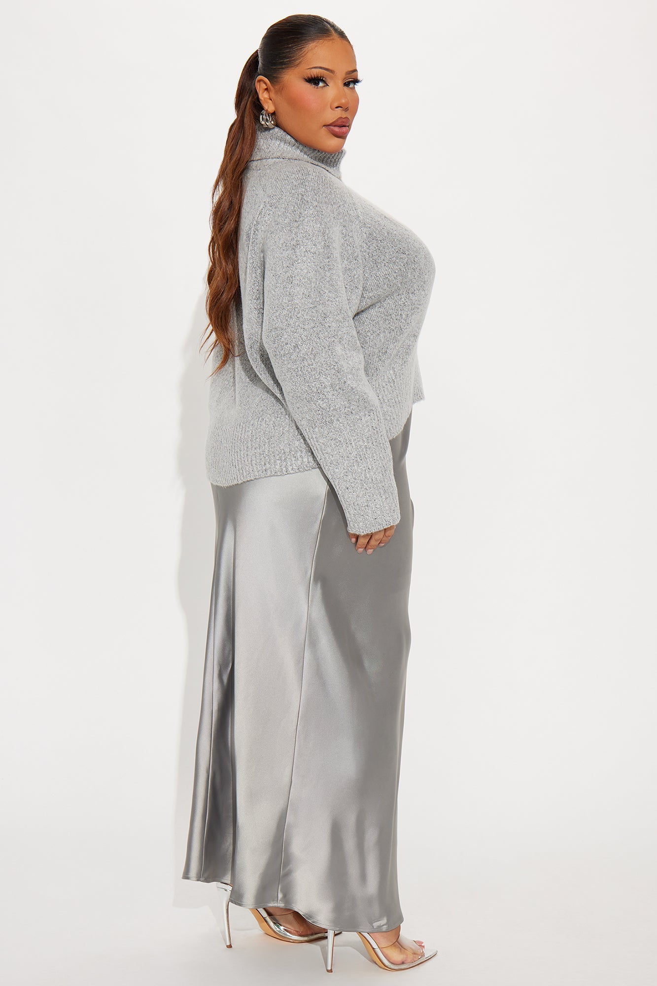 Always Near Satin Sweater Maxi Dress Set - Heather Grey