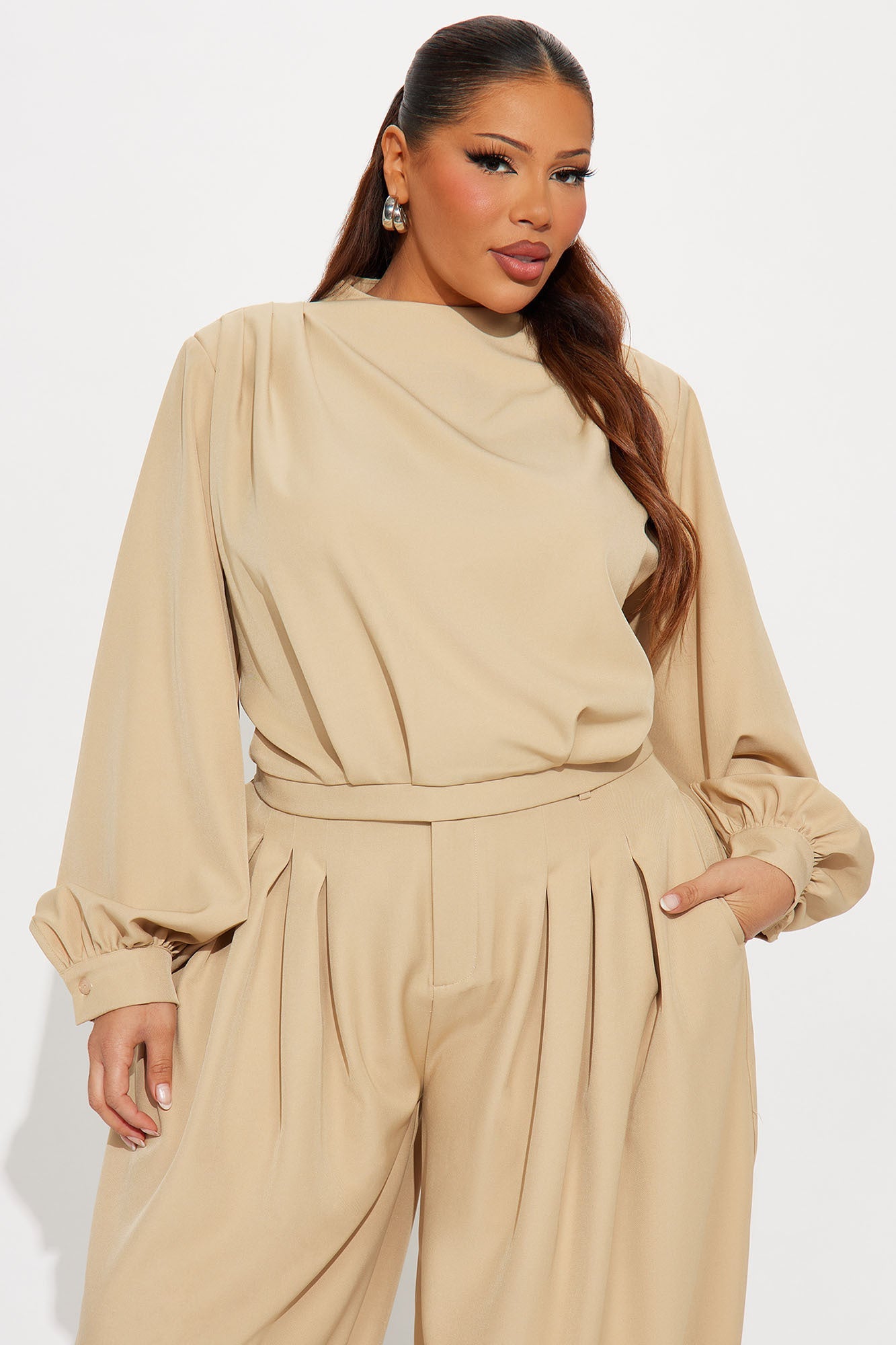 Inez Long Sleeve Pleated Balloon Pant Set - Khaki