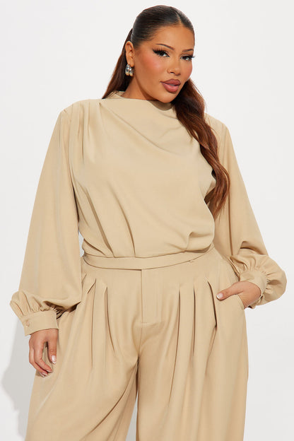 Inez Long Sleeve Pleated Balloon Pant Set - Khaki