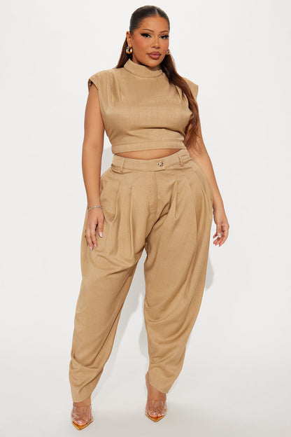 Amelia Pleated Barrel Leg Pant Set - Taupe