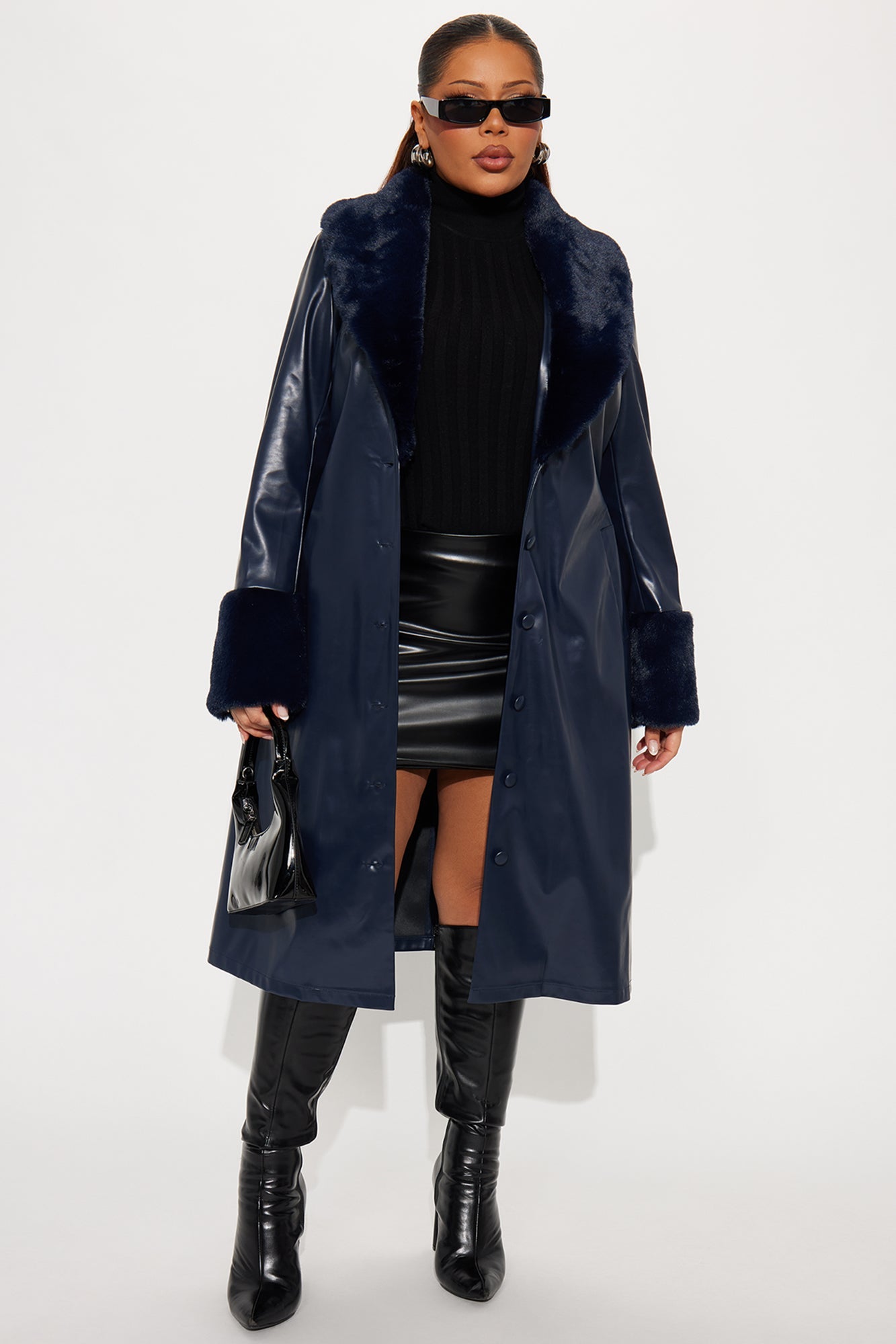 Milana Fur Trim Faux Leather Coat - Navy