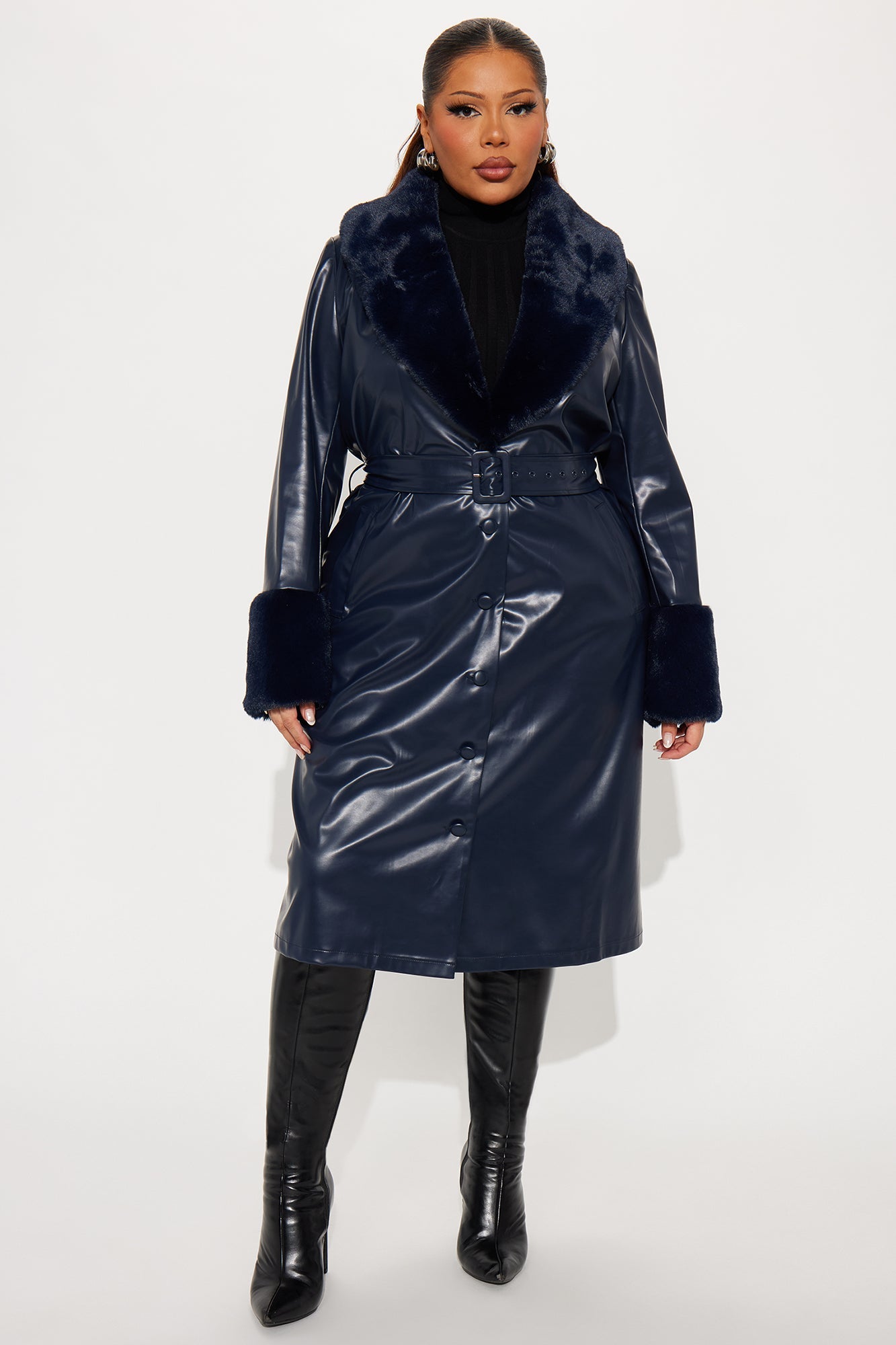 Milana Fur Trim Faux Leather Coat - Navy