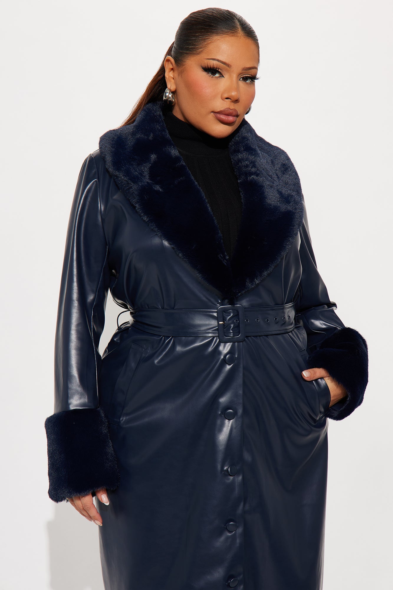 Milana Fur Trim Faux Leather Coat - Navy