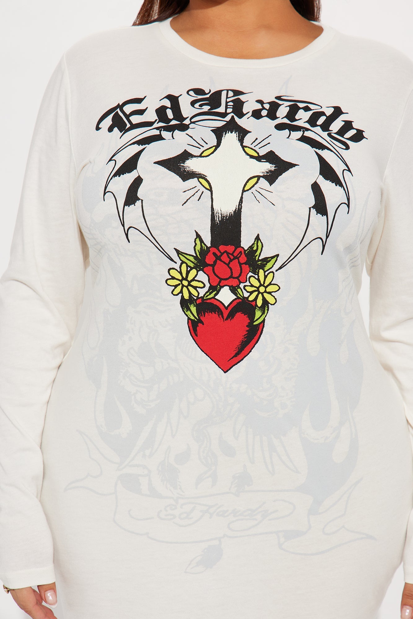 Ed Hardy Cross Heart Long Sleeve Mini Dress - Ivory