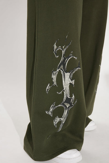 Edgy Vibe Fleece Washed Pant Set - Olive