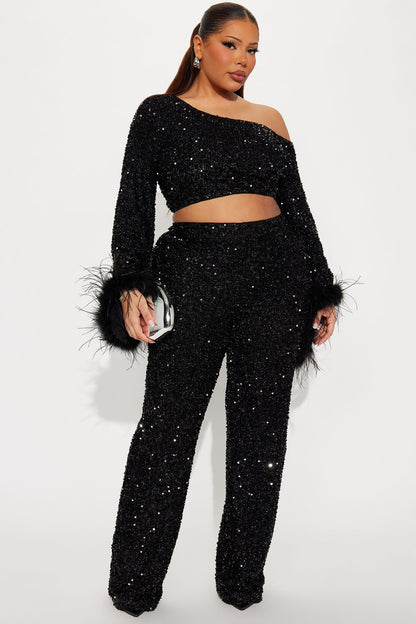Shine All Night Feather Trim Sequin Pant Set - Black