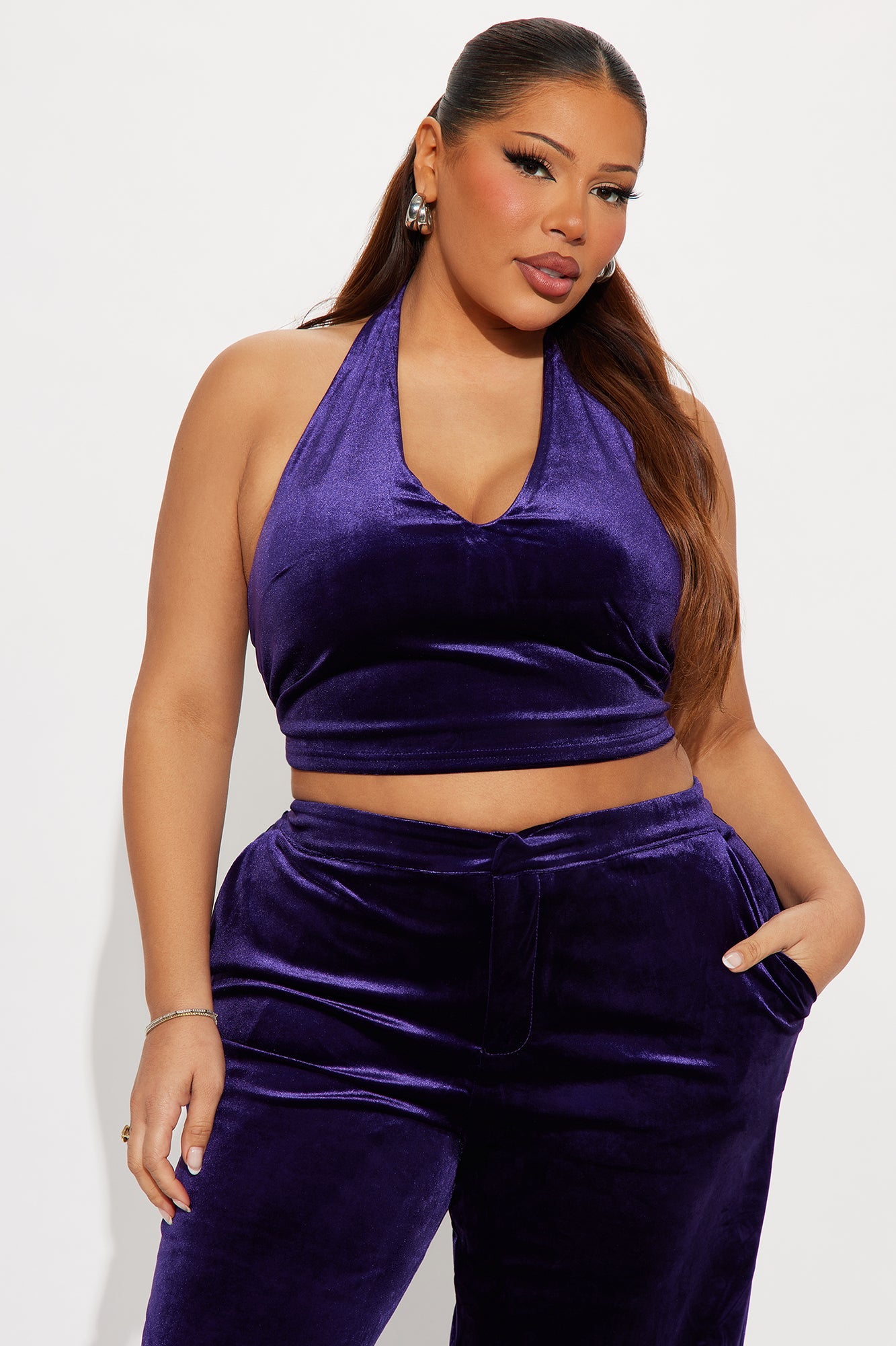 Ava Velvet Halter Pant Set - Eggplant