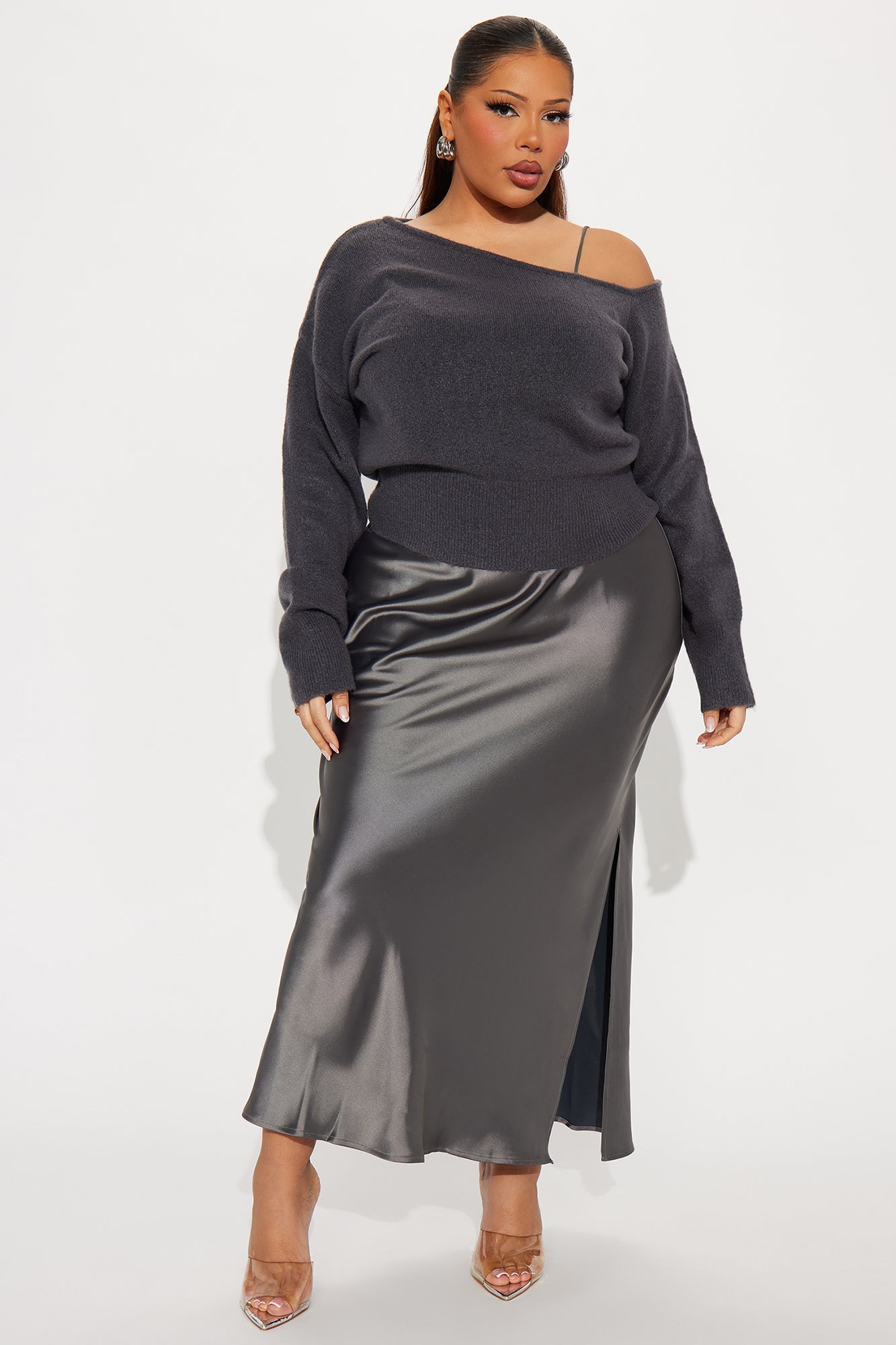 Warm Kiss Satin Sweater Maxi Dress Set - Charcoal