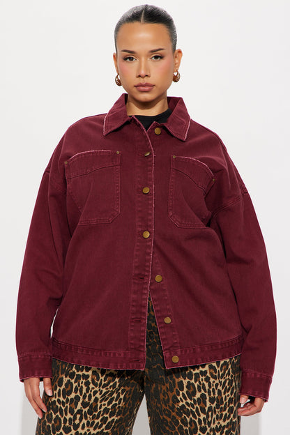 On The Move Denim Shacket - Burgundy