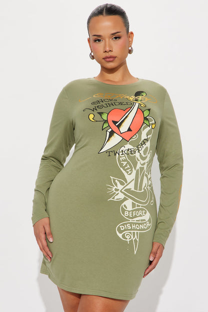 Ed Hardy Dagger Heart Long Sleeve Mini Dress - Olive
