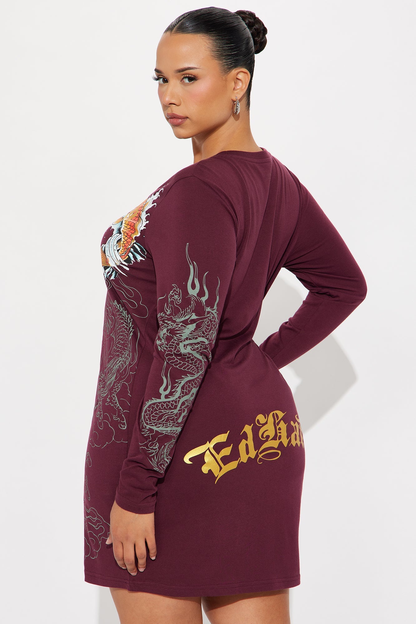 Ed Hardy Koi Long Sleeve Mini Dress - Burgundy