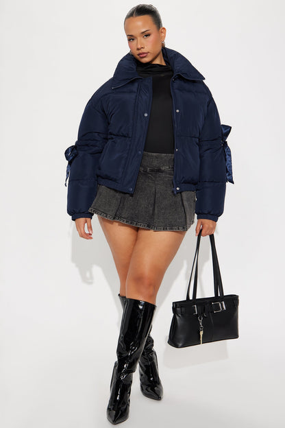 Coquette Touch Bow Puffer Jacket - Navy
