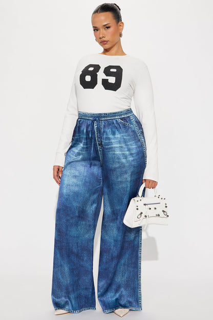 Out The Mix Denim Print Satin Pants - Blue