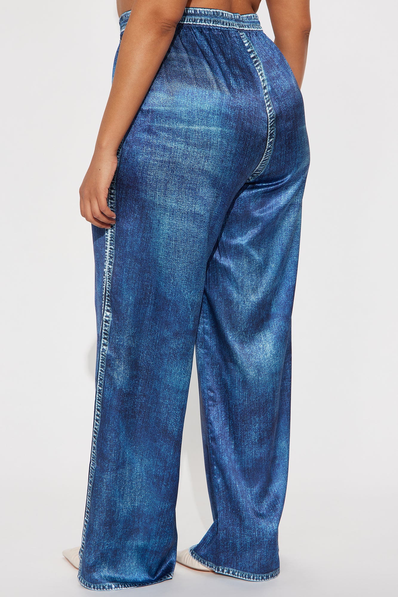 Out The Mix Denim Print Satin Pants - Blue