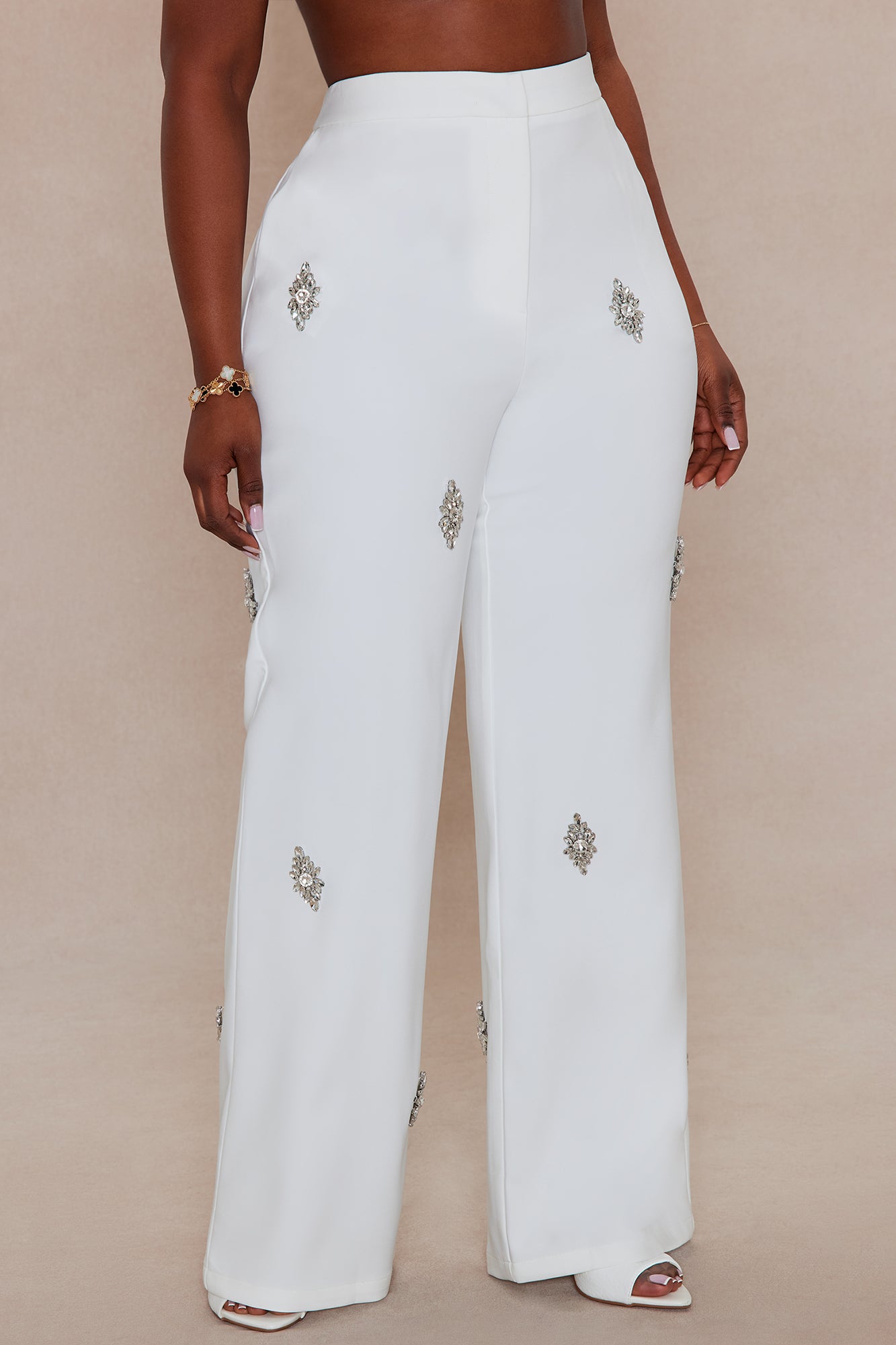 Liza Rhinestone Wide Leg Pant - White