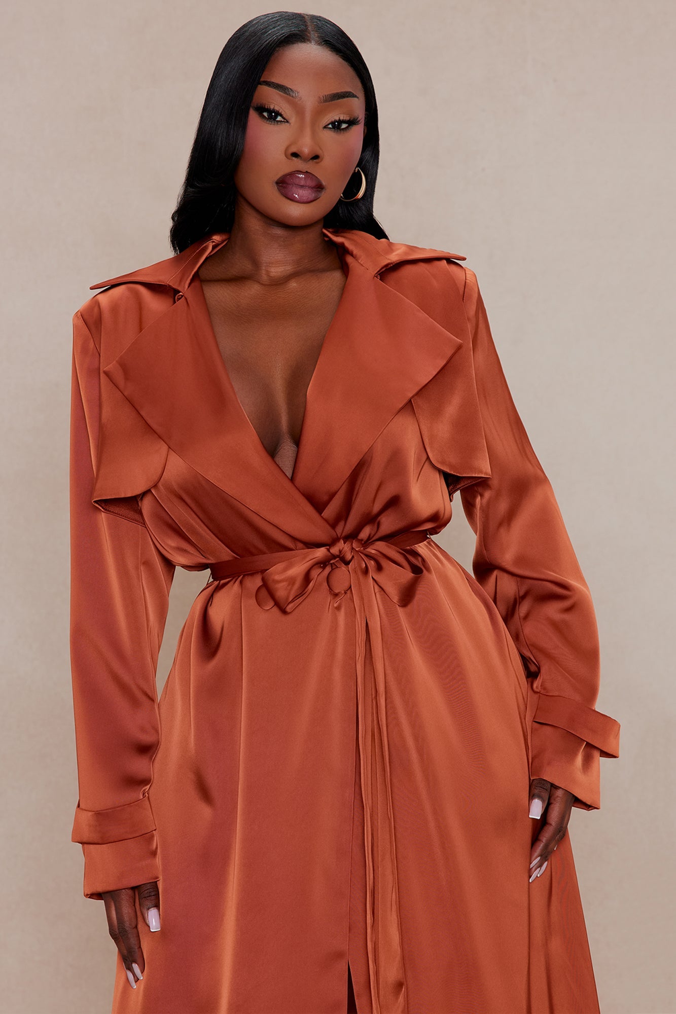 Gabriella Satin Trench Coat And Pant Set - Rust