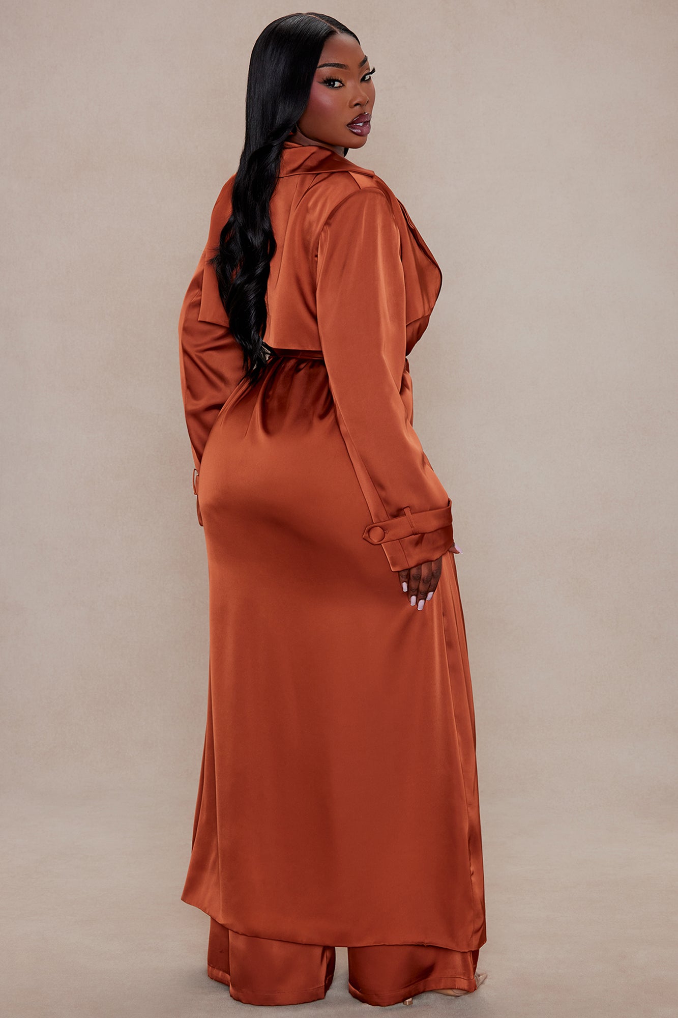 Gabriella Satin Trench Coat And Pant Set - Rust