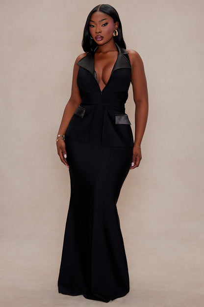 Ericka Deep V Collared Maxi Dress - Black