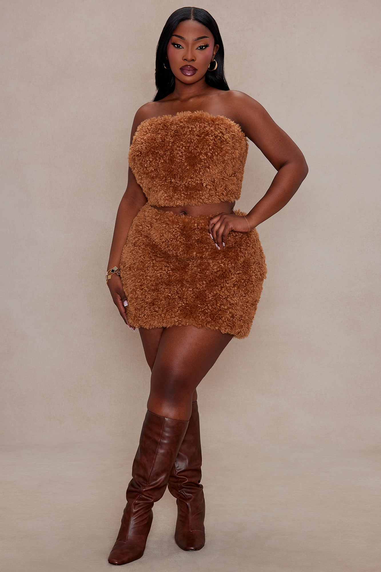Arden Sherpa Fur Mini Skirt Set - Camel