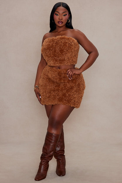 Arden Sherpa Fur Mini Skirt Set - Camel