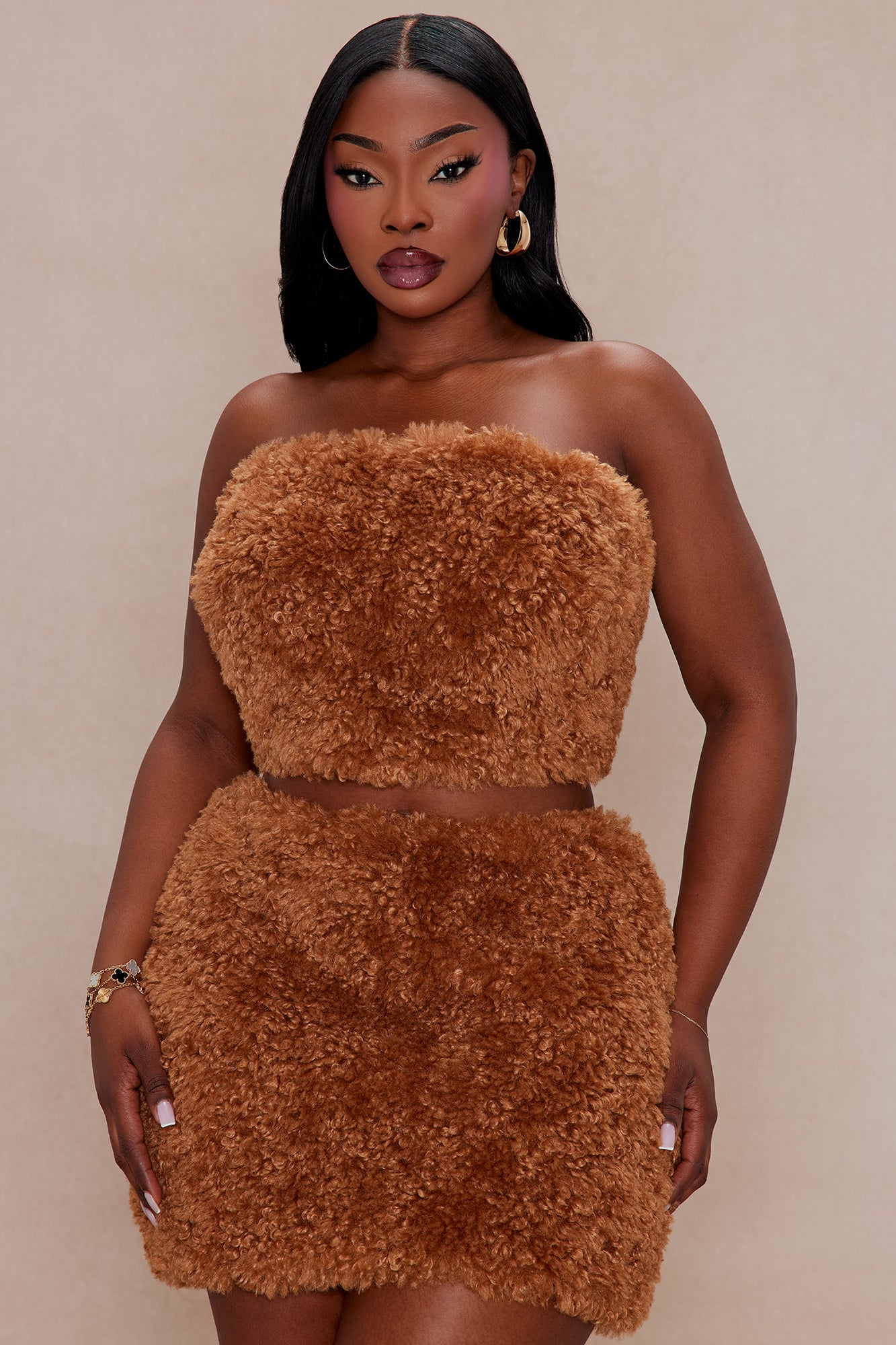 Arden Sherpa Fur Mini Skirt Set - Camel