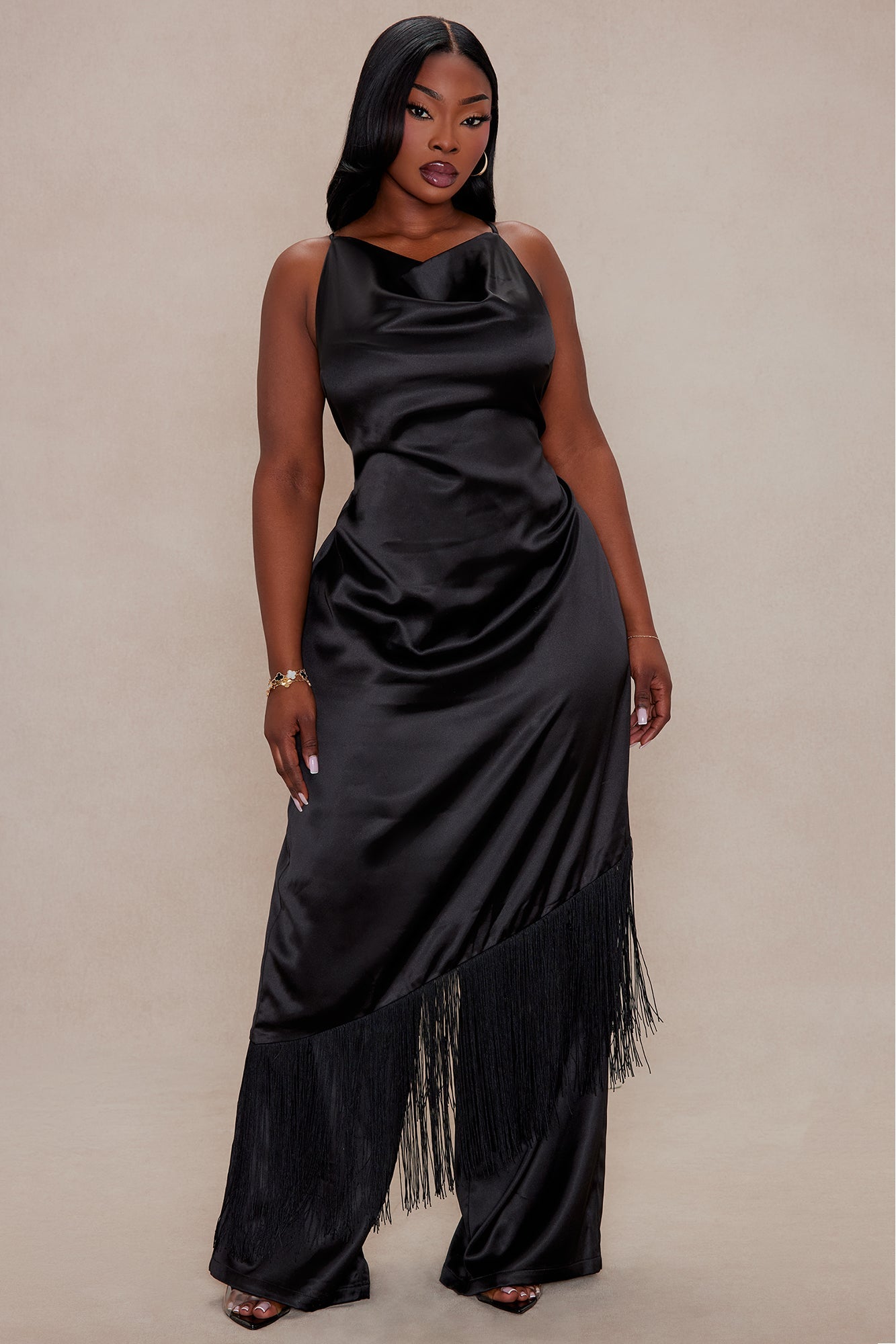 Ceile Fringe Satin Pant Set - Black