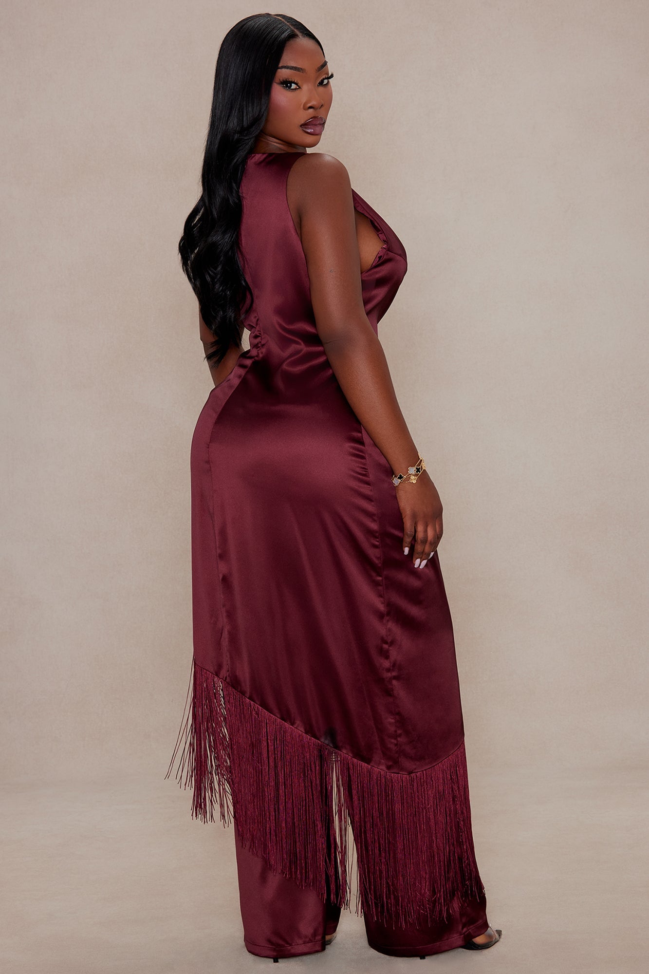 Ceile Fringe Satin Pant Set - Burgundy