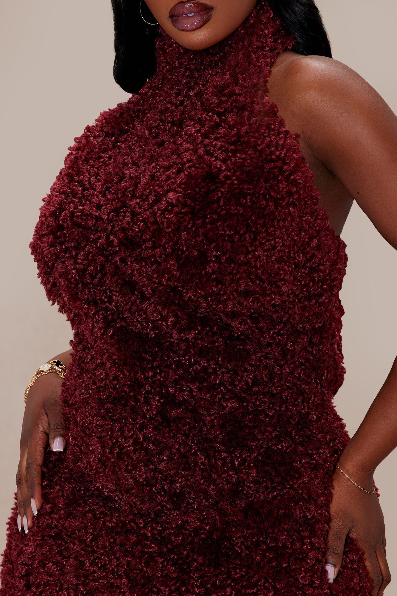 Arden Sherpa Fur Halter Mini Dress - Burgundy