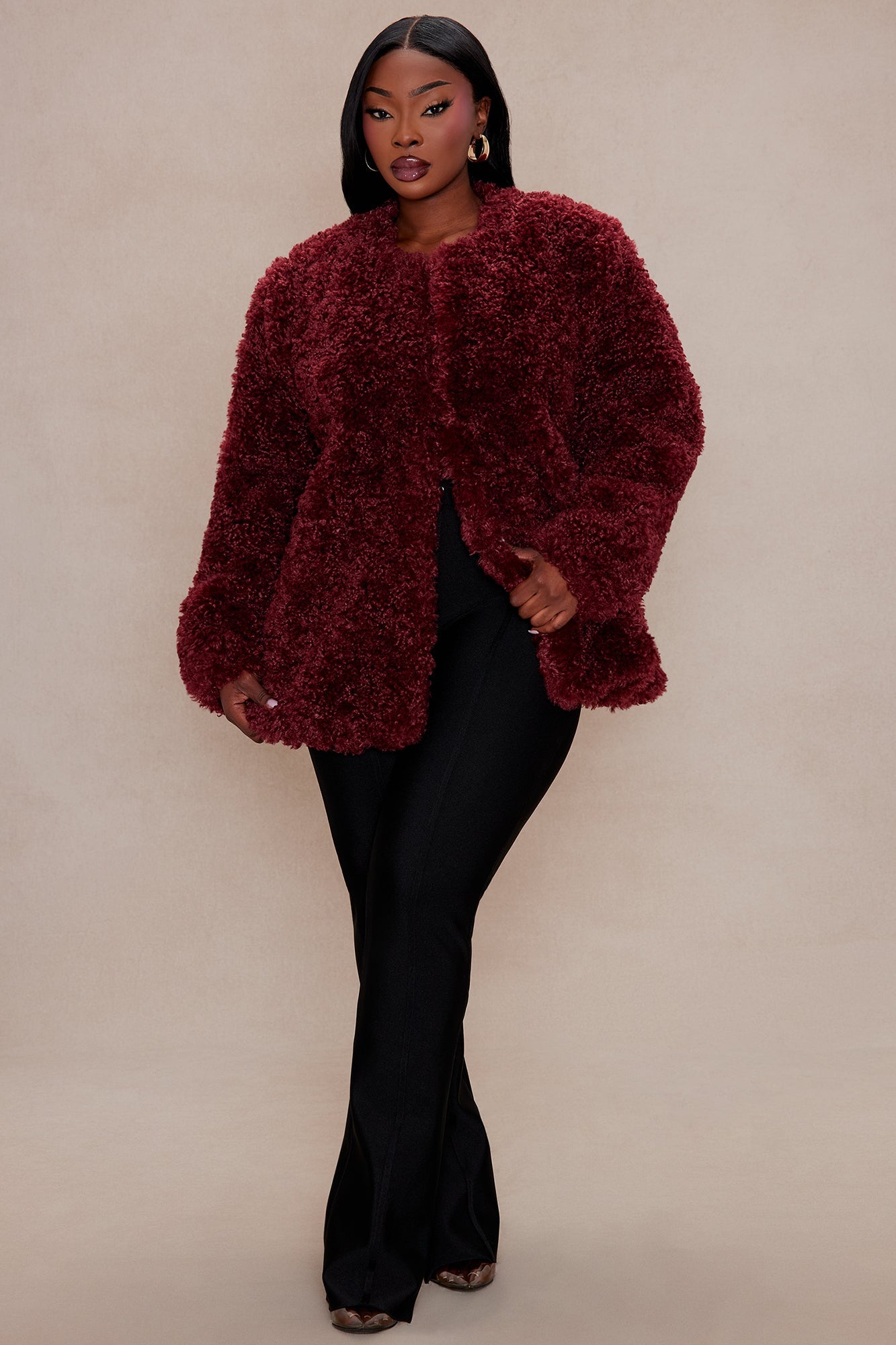 Arden Sherpa Fur Jacket - Burgundy