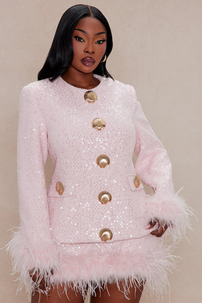 Chelley Feathered Sequin Tweed Skirt Set - Pink
