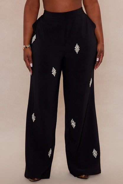 Liza Rhinestone Wide Leg Pant - Black
