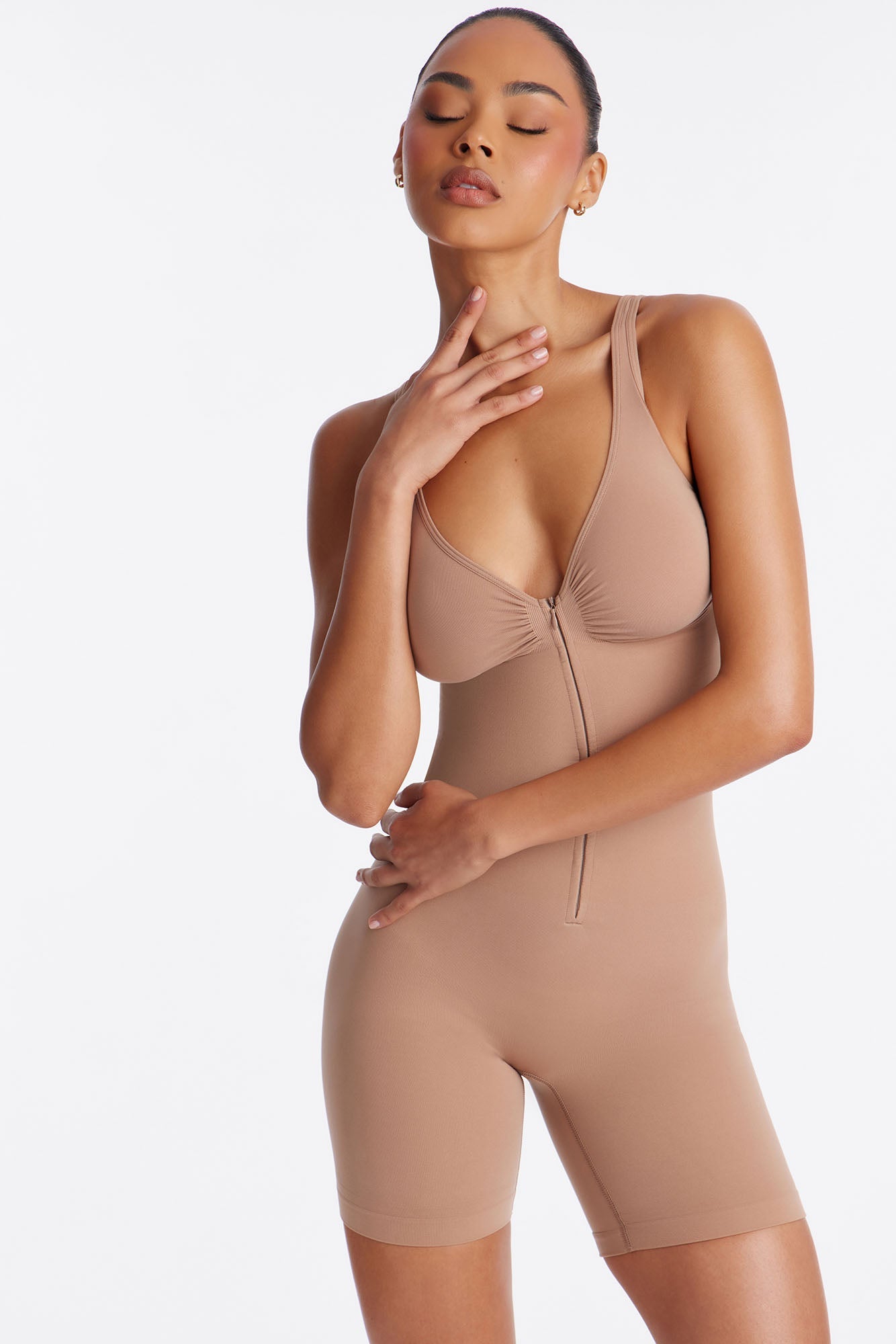 Nova Sculpt Seamless Strong Compression Zip Front Thigh Shaping Bodysuit - Nude