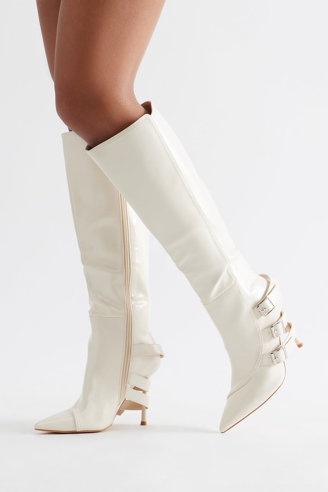 Jaidee Buckle Faux Leather Boots - Off White