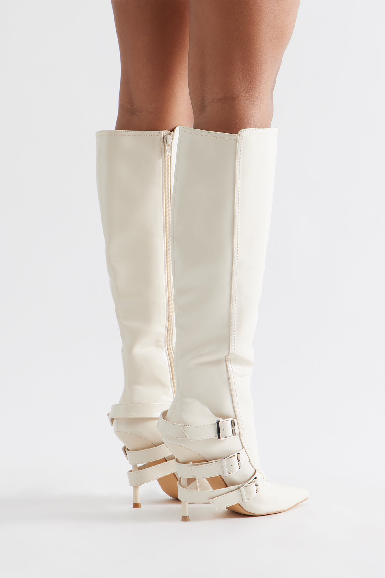 Jaidee Buckle Faux Leather Boots - Off White