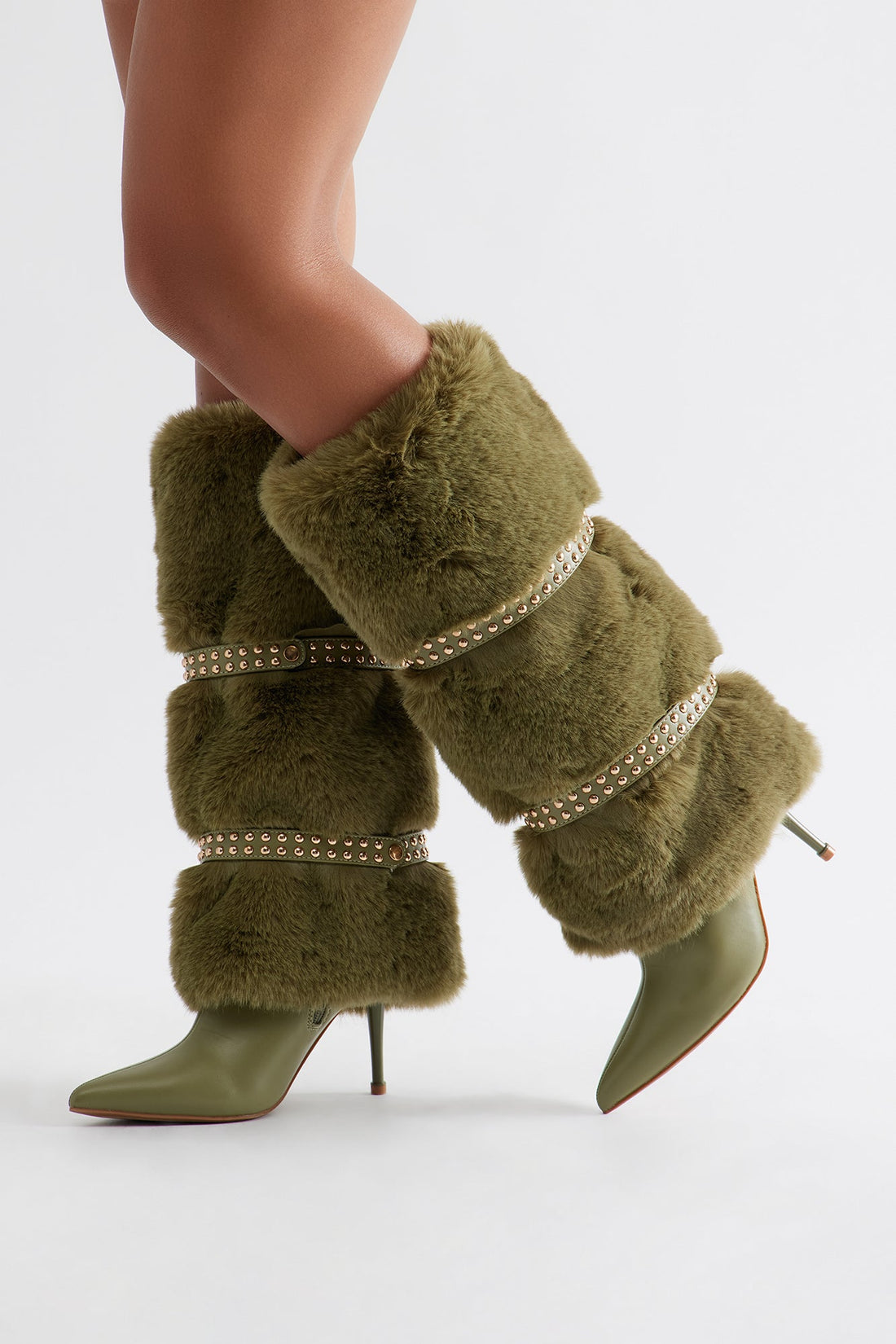 Bronx Studded Faux Fur Boots - Olive