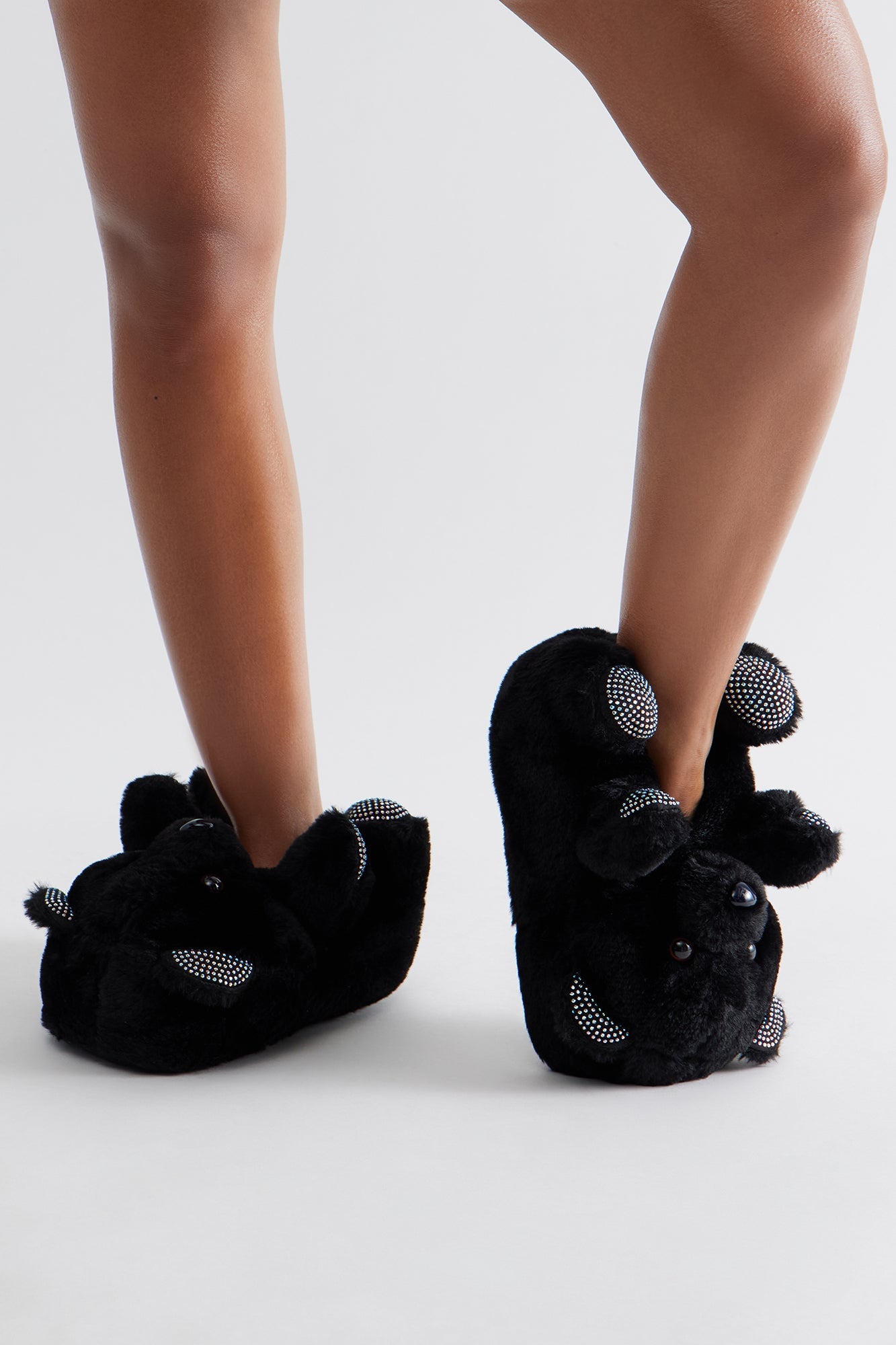 Lovey Rhinestone Bear Slippers - Black