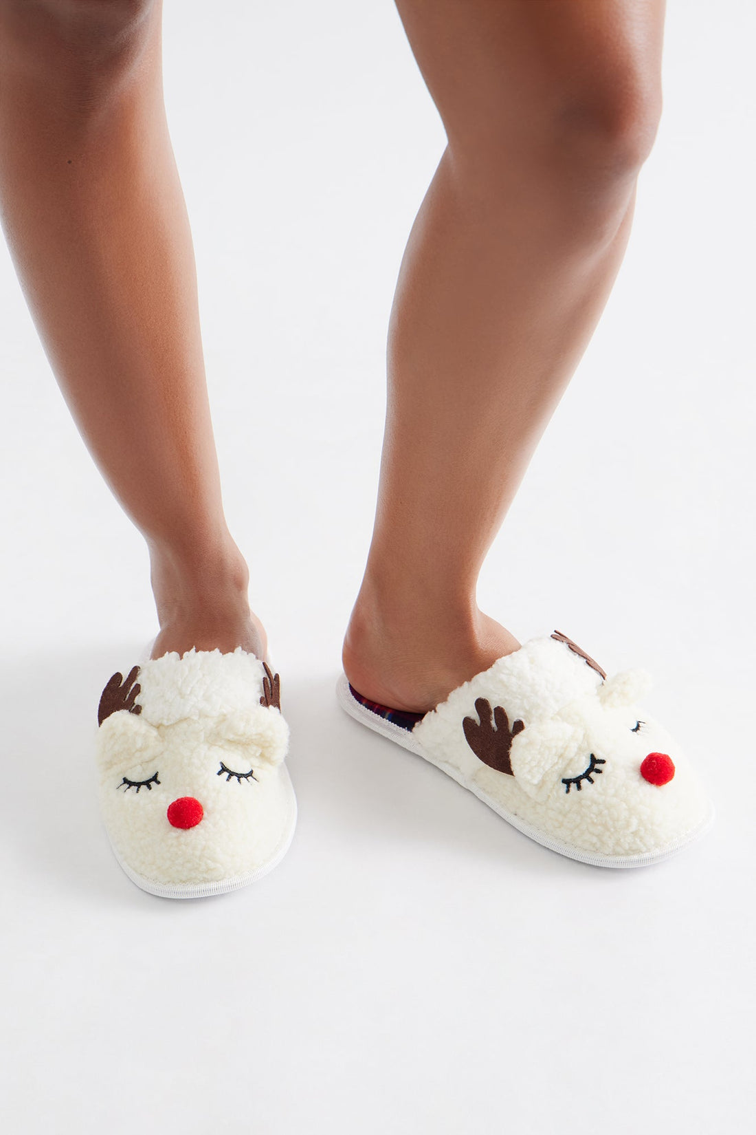 Jingle Reindeer Sherpa Slippers - White