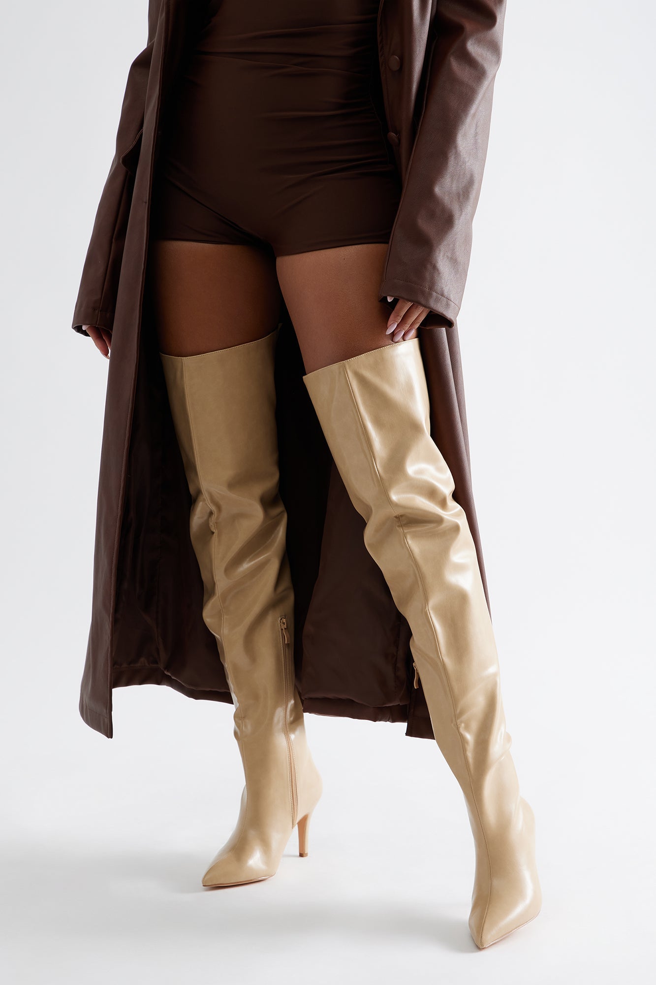 Rosalinda Faux Leather Thigh High Boots - Nude