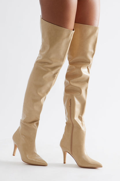 Rosalinda Faux Leather Thigh High Boots - Nude