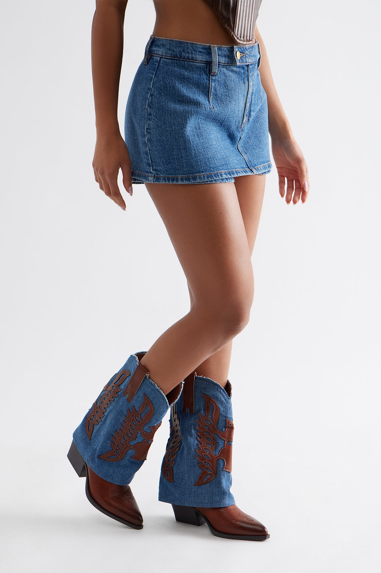 Paso Denim Overlay Cowboy Boots - Cognac
