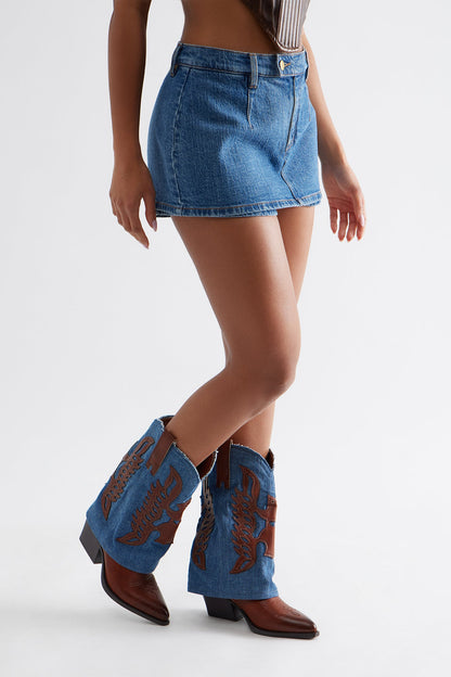Paso Denim Overlay Cowboy Boots - Cognac