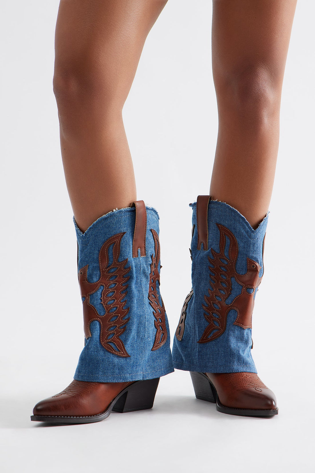 Paso Denim Overlay Cowboy Boots - Cognac