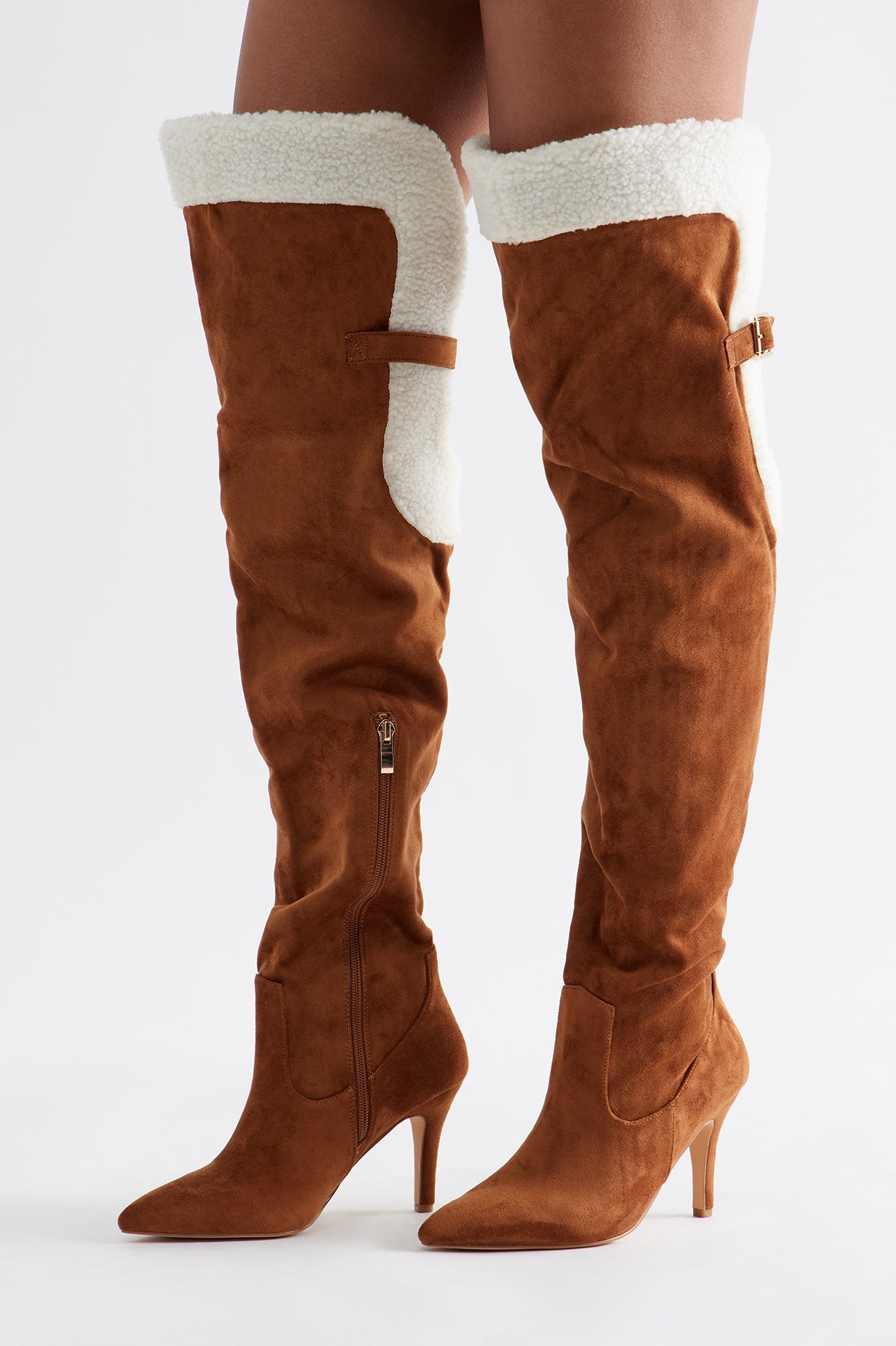 Sela Fur Trim Thigh High Boots - Camel