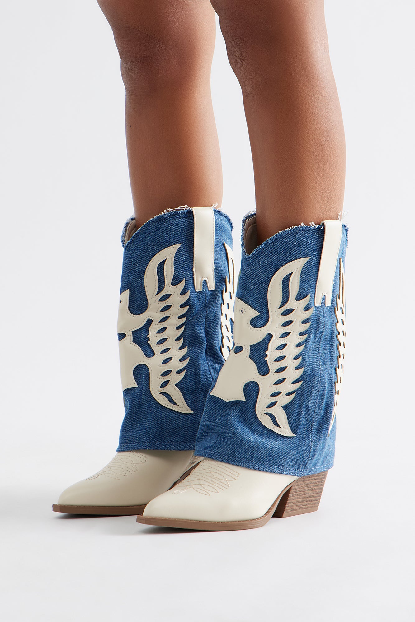 Paso Denim Overlay Cowboy Boots - Ivory